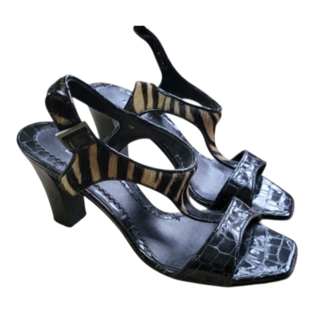VanEli, 9M, Black crocco patent and zebra high, block heel sandal - Picture 2 of 4
